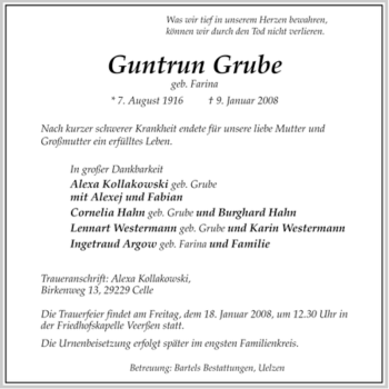 Traueranzeige von Guntrun Grube von ALLGEMEINE ZEITUNG UELZEN