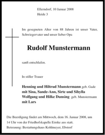 Traueranzeige von Rudolf Munstermann von ALLGEMEINE ZEITUNG UELZEN