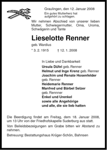 Traueranzeige von Lieselotte Renner von ALLGEMEINE ZEITUNG UELZEN