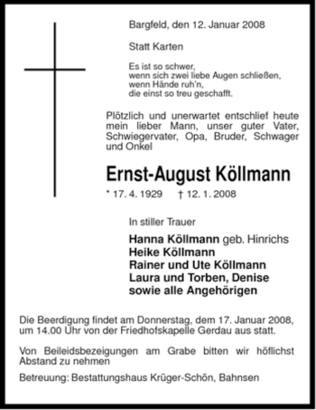 Traueranzeige von Ernst-August Köllmann von ALLGEMEINE ZEITUNG UELZEN