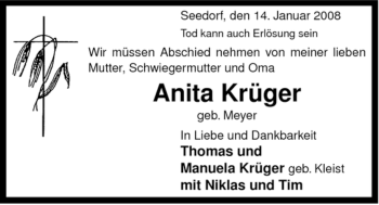 Traueranzeige von Anita Krüger von ALLGEMEINE ZEITUNG UELZEN