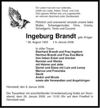 Traueranzeige von Ingeburg Brandt von ALLGEMEINE ZEITUNG UELZEN