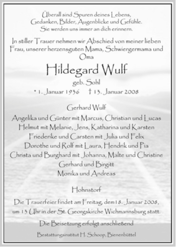 Traueranzeige von Hildegard Wulf von ALLGEMEINE ZEITUNG UELZEN