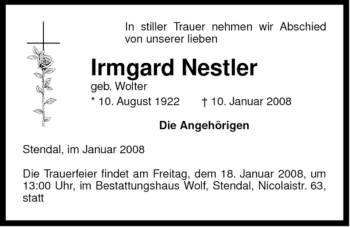 Traueranzeige von Irmgard Nestler von ALLGEMEINE ZEITUNG UELZEN