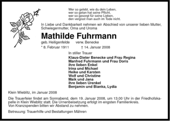 Traueranzeige von Mathilde Fuhrmann von ALLGEMEINE ZEITUNG UELZEN