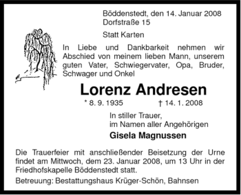 Traueranzeige von Lorenz Andresen von ALLGEMEINE ZEITUNG UELZEN
