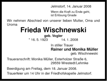 Traueranzeige von Frieda Wischnewski von ALLGEMEINE ZEITUNG UELZEN