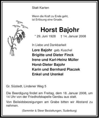 Traueranzeige von Horst Bajohr von ALLGEMEINE ZEITUNG UELZEN