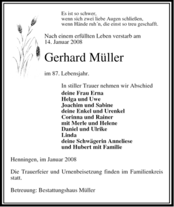 Traueranzeige von Gerhard Müller von ALLGEMEINE ZEITUNG UELZEN