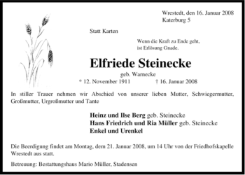 Traueranzeige von Elfriede Steinecke von ALLGEMEINE ZEITUNG UELZEN