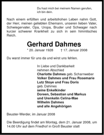 Traueranzeige von Gerhard Dahmes von ALLGEMEINE ZEITUNG UELZEN