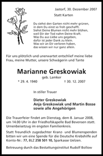 Traueranzeige von Marianne Greskowiak von ALLGEMEINE ZEITUNG UELZEN