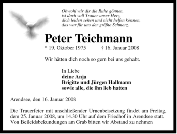 Traueranzeige von Peter Teichmann von ALLGEMEINE ZEITUNG UELZEN