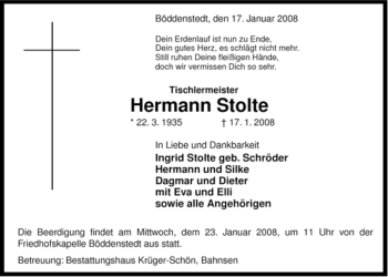 Traueranzeige von Hermann Stolte von ALLGEMEINE ZEITUNG UELZEN