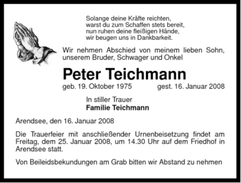 Traueranzeige von Peter Teichmann von ALLGEMEINE ZEITUNG UELZEN