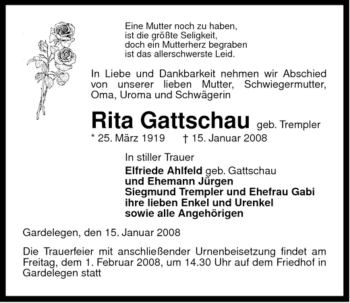 Traueranzeige von Rita Gattschau von ALLGEMEINE ZEITUNG UELZEN