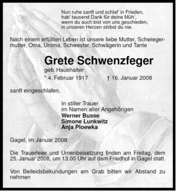 Traueranzeige von Grete Schwenzfeger von ALLGEMEINE ZEITUNG UELZEN