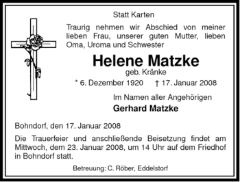 Traueranzeige von Helene Matzke von ALLGEMEINE ZEITUNG UELZEN