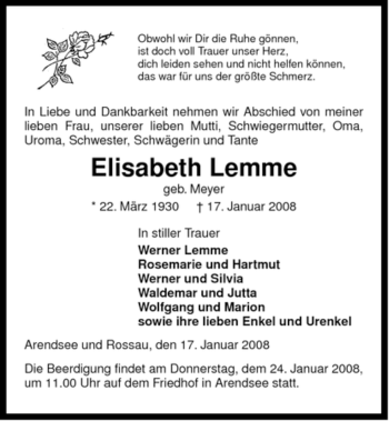 Traueranzeige von Elisabeth Lemme von ALLGEMEINE ZEITUNG UELZEN