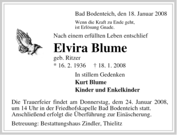 Traueranzeige von Elvira Blume von ALLGEMEINE ZEITUNG UELZEN