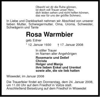 Traueranzeige von Rosa Warmbier von ALLGEMEINE ZEITUNG UELZEN