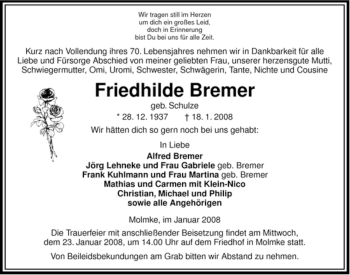 Traueranzeige von Friedhilde Bremer von ALLGEMEINE ZEITUNG UELZEN