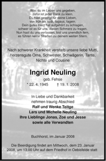 Traueranzeige von Ingrid Neuling von ALLGEMEINE ZEITUNG UELZEN