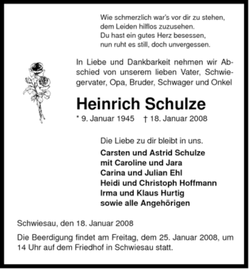 Traueranzeige von Heinrich Schulze von ALLGEMEINE ZEITUNG UELZEN