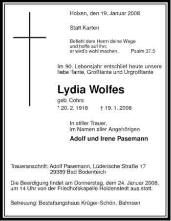 Traueranzeige von Lydia Wolfes von ALLGEMEINE ZEITUNG UELZEN