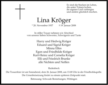 Traueranzeige von Lina Kröger von ALLGEMEINE ZEITUNG UELZEN