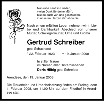 Traueranzeige von Gertrud Schreiber von ALLGEMEINE ZEITUNG UELZEN