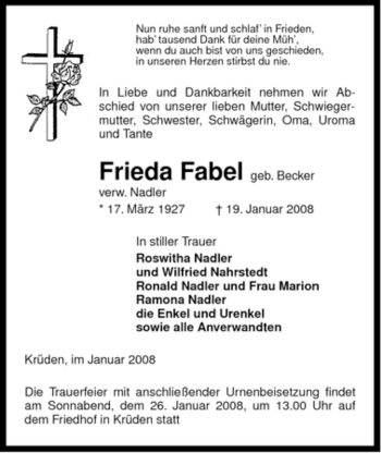 Traueranzeige von Frieda Fabel von ALLGEMEINE ZEITUNG UELZEN