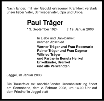 Traueranzeige von Paul Träger von ALLGEMEINE ZEITUNG UELZEN