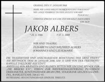 Traueranzeige von Jakob Albers von ALLGEMEINE ZEITUNG UELZEN