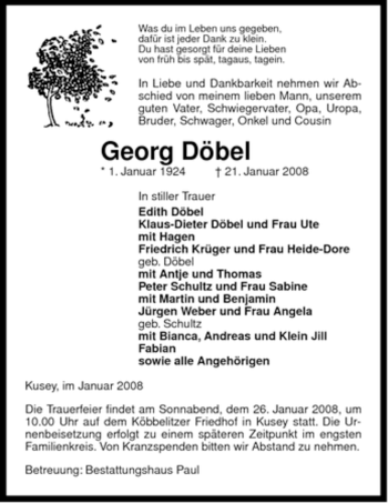 Traueranzeige von Georg Döbel von ALLGEMEINE ZEITUNG UELZEN