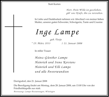 Traueranzeige von Inge Lampe von ALLGEMEINE ZEITUNG UELZEN