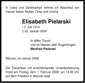 Traueranzeige von Elisabeth Pielarski von ALLGEMEINE ZEITUNG UELZEN