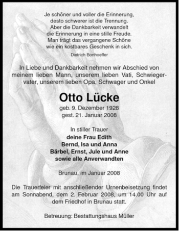 Traueranzeige von Otto Lücke von ALLGEMEINE ZEITUNG UELZEN