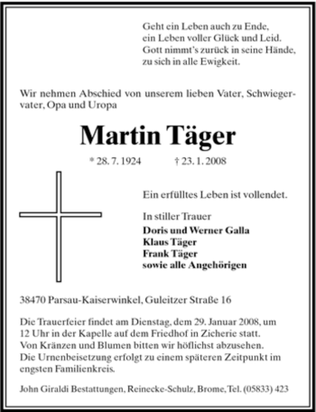 Traueranzeige von Martin Täger von ALLGEMEINE ZEITUNG UELZEN