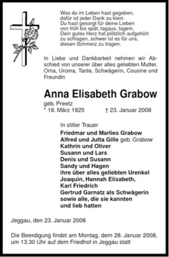 Traueranzeige von Anna Elisabeth von ALLGEMEINE ZEITUNG UELZEN