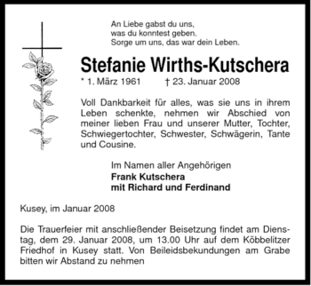 Traueranzeige von Stefanie Wirths von ALLGEMEINE ZEITUNG UELZEN