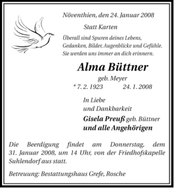 Traueranzeige von Alma Büttner von ALLGEMEINE ZEITUNG UELZEN