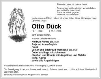 Traueranzeige von Otto Dück von ALLGEMEINE ZEITUNG UELZEN