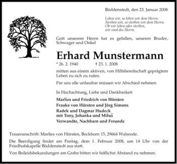 Traueranzeige von Erhard Munstermann von ALLGEMEINE ZEITUNG UELZEN