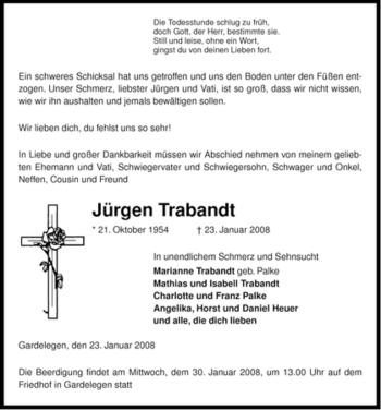 Traueranzeige von Jürgen Trabandt von ALLGEMEINE ZEITUNG UELZEN