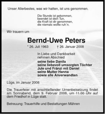 Traueranzeige von Bernd-Uwe Peters von ALLGEMEINE ZEITUNG UELZEN