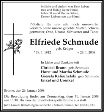 Traueranzeige von Elfriede Schmude von ALLGEMEINE ZEITUNG UELZEN