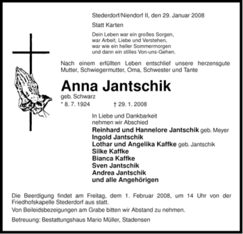Traueranzeige von Anna Jantschik von ALLGEMEINE ZEITUNG UELZEN
