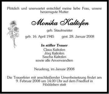 Traueranzeige von Monika Kaltofen von ALLGEMEINE ZEITUNG UELZEN