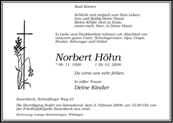 Traueranzeige von Norbert Höhn von ALLGEMEINE ZEITUNG UELZEN